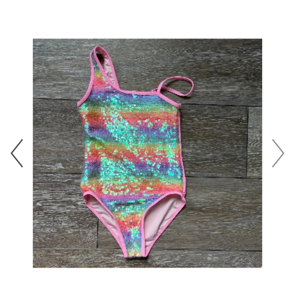 Lola + The Boys Rainbow Sequin One-Piece Swimsuit size 8 with Pink Trim